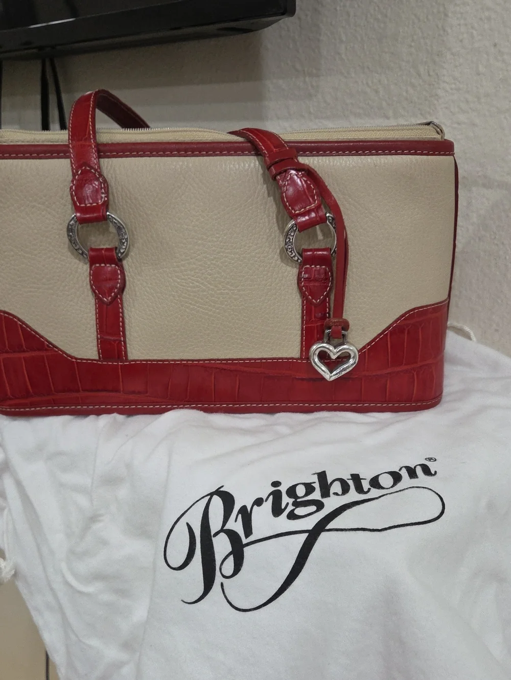 Brighton Rare Vintage Ming Dynasty Cream and Red Satchel with Heart Charm